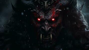 a demon with red eyes and horns in the dark generative ai photo