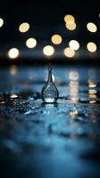 a drop of water on a wet surface with lights in the background generative ai photo