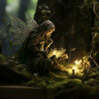 a fairy statue is sitting in the woods with a light in her hand generative ai photo