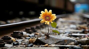 un flor creciente fuera de un rock en el lado de un tren pista generativo ai foto