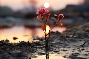 a flower growing out of the mud in front of a sunset generative ai photo