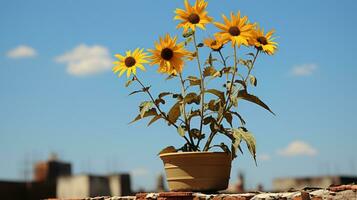 a flower pot with yellow sunflowers on top of a brick wall generative ai photo