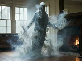 un fantasma es en pie en frente de un hogar con fumar viniendo fuera de eso generativo ai foto