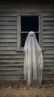 un fantasma en pie en frente de un antiguo casa generativo ai foto