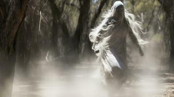 un fantasma caminando mediante el bosque con largo blanco pelo generativo ai foto