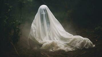 un fantasmal figura en un blanco vestir en pie en el medio de un bosque generativo ai foto
