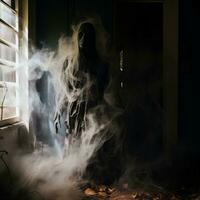 a ghostly figure is standing in front of a window with smoke coming out of it generative ai photo