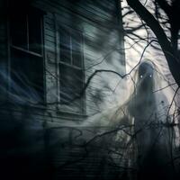 a ghostly figure is standing in front of a house generative ai photo