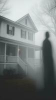 un fantasmal figura es en pie en frente de un casa en el niebla generativo ai foto