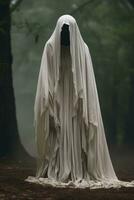 a ghostly figure in a white cloak standing in the woods generative ai photo