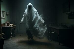 un fantasmal figura es caminando mediante un oscuro habitación generativo ai foto