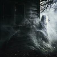 a ghostly figure standing in front of a house with smoke coming out of it generative ai photo