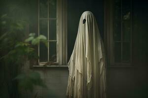 un fantasmal figura en pie en frente de un ventana generativo ai foto