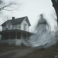 a ghostly woman in a white dress is walking in front of an old house generative ai photo