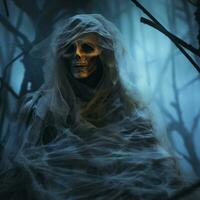 un fantasmal esqueleto en un oscuro bosque generativo ai foto