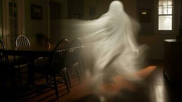 a ghostly image of a ghostly figure in a dining room generative ai photo