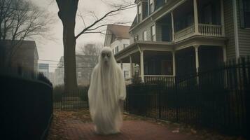 a ghostly image of a man walking down a sidewalk in front of a house generative ai photo