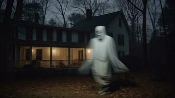 a ghostly figure stands in front of a house at night generative ai photo