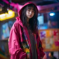 a girl in a pink coat standing in front of a neon sign generative ai photo