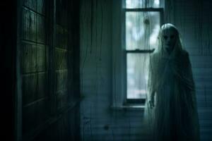 un fantasmal mujer en pie en el oscuro en frente de un ventana generativo ai foto
