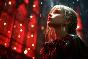 a girl in the rain with red lights behind her generative ai photo