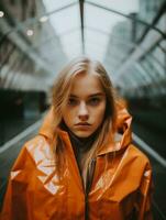 a girl in an orange raincoat generative ai photo