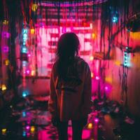 a girl standing in front of neon lights in a dark room generative ai photo