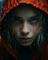 a girl with blue eyes and a red hoodie in the rain generative ai photo