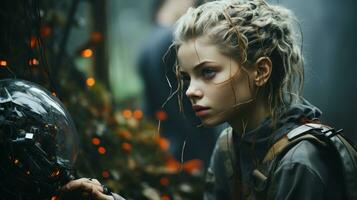 a girl with braided hair and a helmet is looking at something in the dark generative ai photo