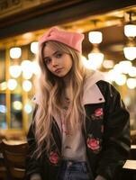 un niña con largo rubia pelo vistiendo un negro chaqueta y un rosado gorro generativo ai foto