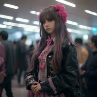 un niña con largo pelo y un rosado flor en su pelo soportes en un aeropuerto generativo ai foto