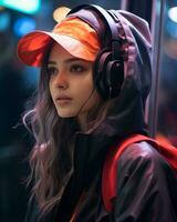 un niña vistiendo auriculares y un sombrero en un autobús generativo ai foto