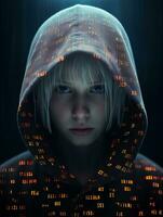 a girl wearing a hoodie with binary code on her face generative ai photo