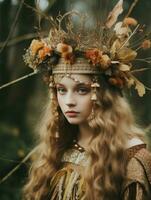 a girl with long hair wearing a crown in the woods generative ai photo