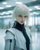 a girl with white hair and black jacket standing in an office generative ai photo