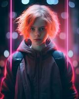 a girl with red hair standing in front of neon lights generative ai photo