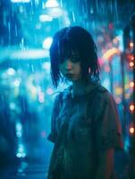 a girl standing in the rain with neon lights generative ai photo