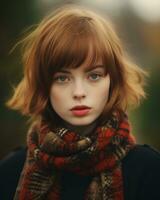 a girl with red hair wearing a scarf generative ai photo