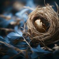 a golden egg in a birds nest on a blue background generative ai photo