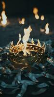 a golden crown on a table surrounded by confetti generative ai photo