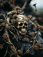 un oro cráneo anillo sentado en parte superior de un manojo de rosas generativo ai foto