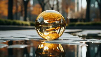 un dorado pelota sentado en parte superior de un charco de agua generativo ai foto