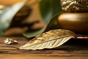 a golden leaf sits on top of a wooden table generative ai photo