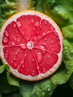 a grapefruit is cut in half with water droplets on it generative ai photo