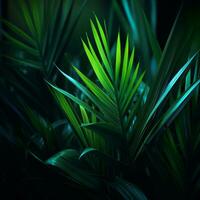 a green palm tree with bright green leaves in the dark generative ai photo