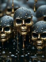 a group of black and gold skulls with water droplets on them generative ai photo