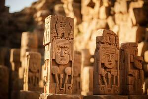 a group of carved wooden statues in front of some rocks generative ai photo