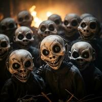 a group of creepy skull heads in front of a fire generative ai photo