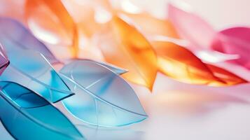 a group of colorful plastic leaves on a white surface generative ai photo