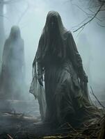a group of ghostly people walking through the woods generative ai photo